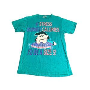 VTG Peanuts Shirt Womens Large Teal Green Lucy Charlie Brown Burned Calories 80s